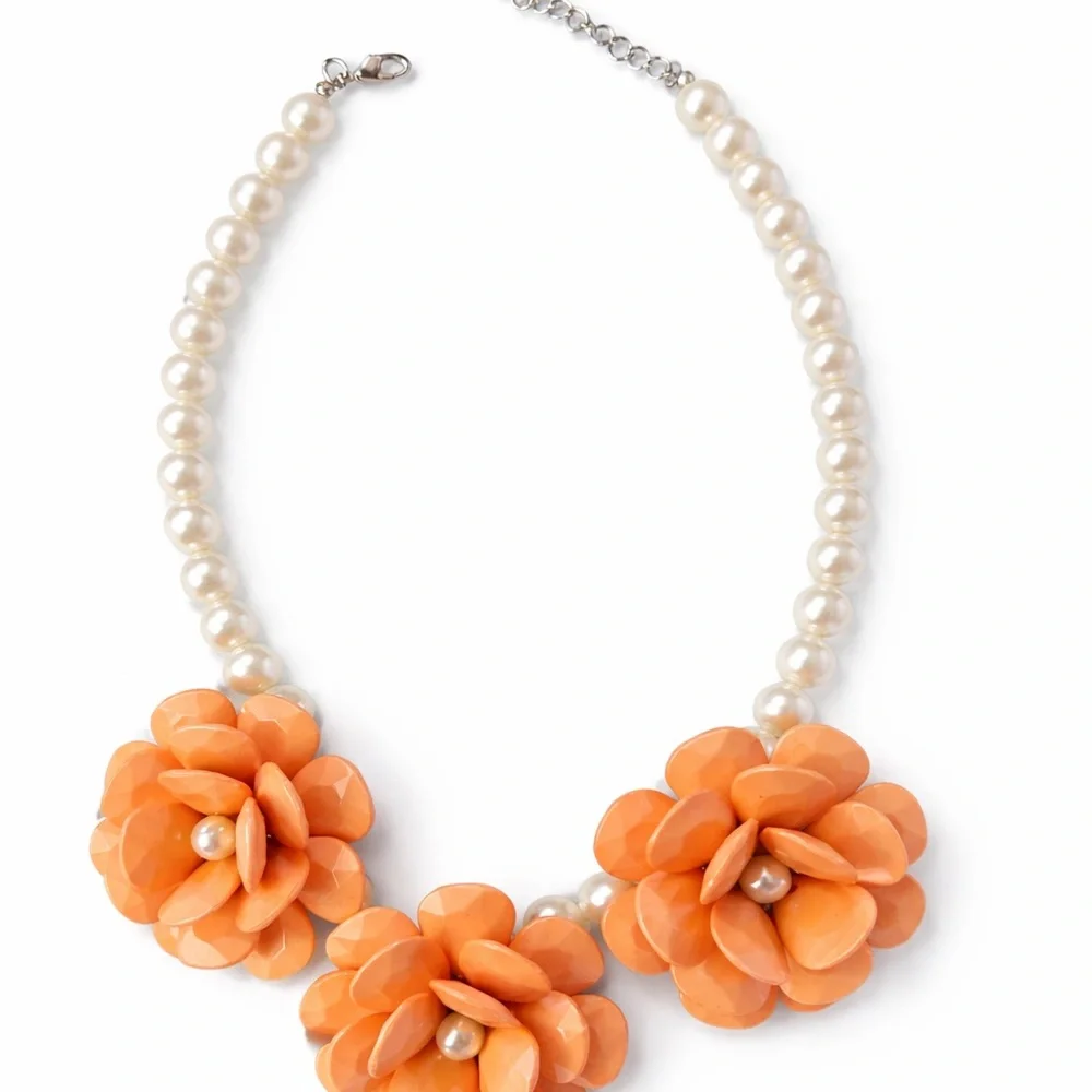 Vintage Orange Lucite Flower Statement‎ Necklace w/ Faux Pearl Strand